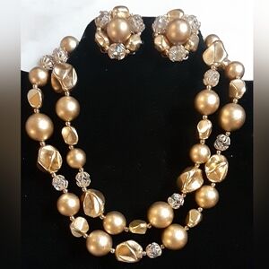 MCM DEAUVILLE Double Strand Goldtone TORSADE Necklace & Cluster Earring Set